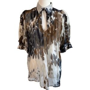 Bizz 100% Silk Abstract Print Blouse Brown Gray Women's Small Ruffle Keyhole